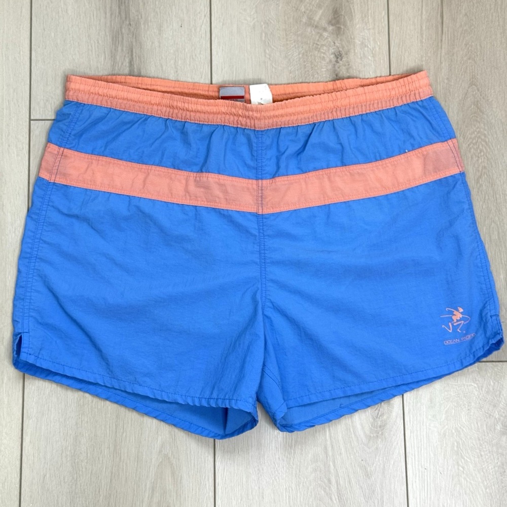 VTG Ocean Pacific Swim Trunks L Blue Peach Nylon Lined Shorts‎ 80s Surf OP Style